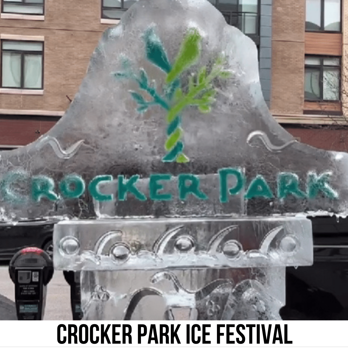 square image with a photo of an ice sculpture with two birds in a stylized tree and the words Crocker Park. A white strip across the bottom has the text Crocker Park Ice Festival