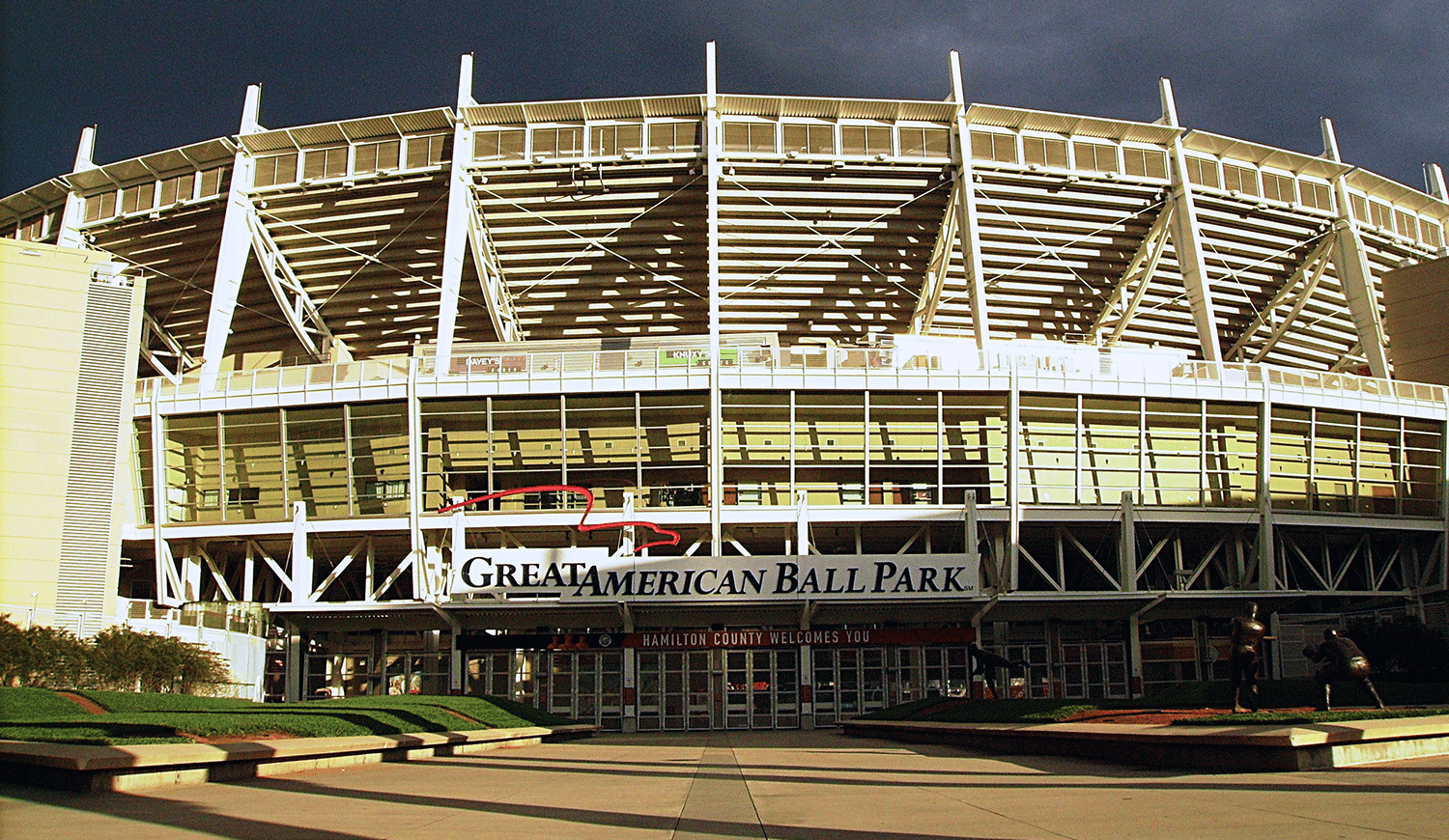 horizontal photo of the outside of the Great American Ball Park in Cincinnati
