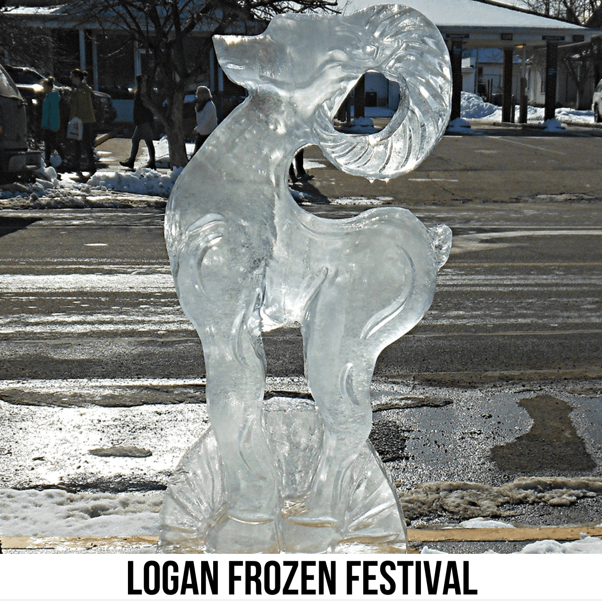 square image with a photo of an ice sculpture of a goat with large horns. A white strip across the bottom has the text Logan Frozen Festival