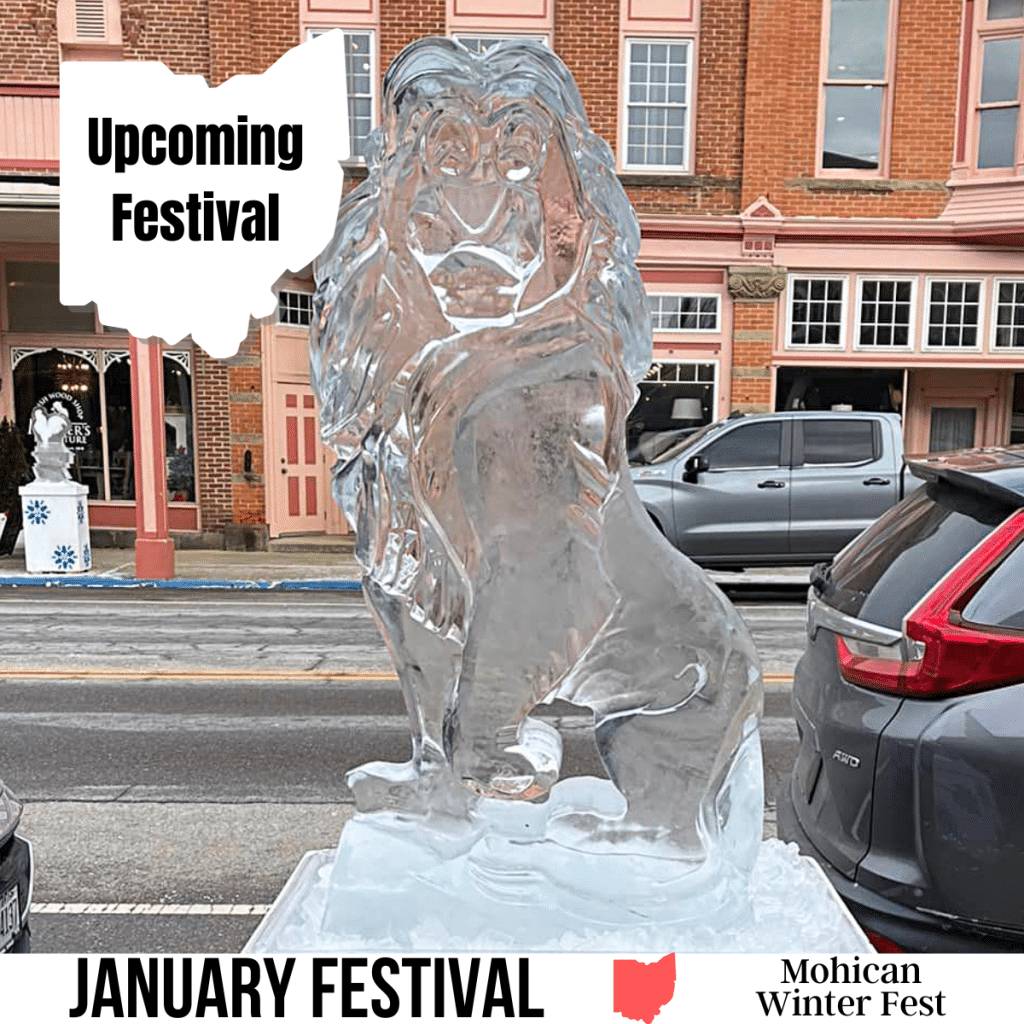 square image with a photo of a lion ice carving at the Mohican Winter Fest. A white strip across the bottom has the text January Festival Mohican Winter Fest