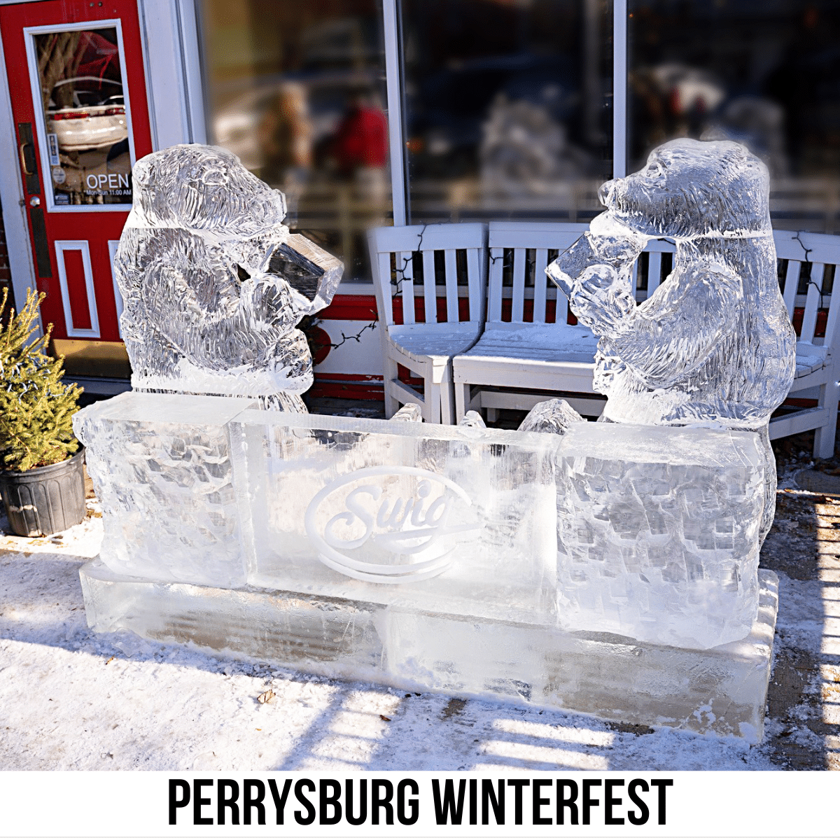 square image with a photo of an ice carving of two dogs drinking from glasses. A white strip across the bottom has the text Perrysburg Winterfest