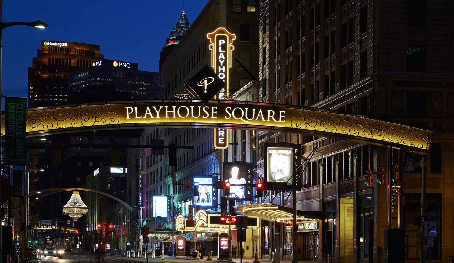 horizontal photo of the entrance to Playhouse Square Cleveland at night
