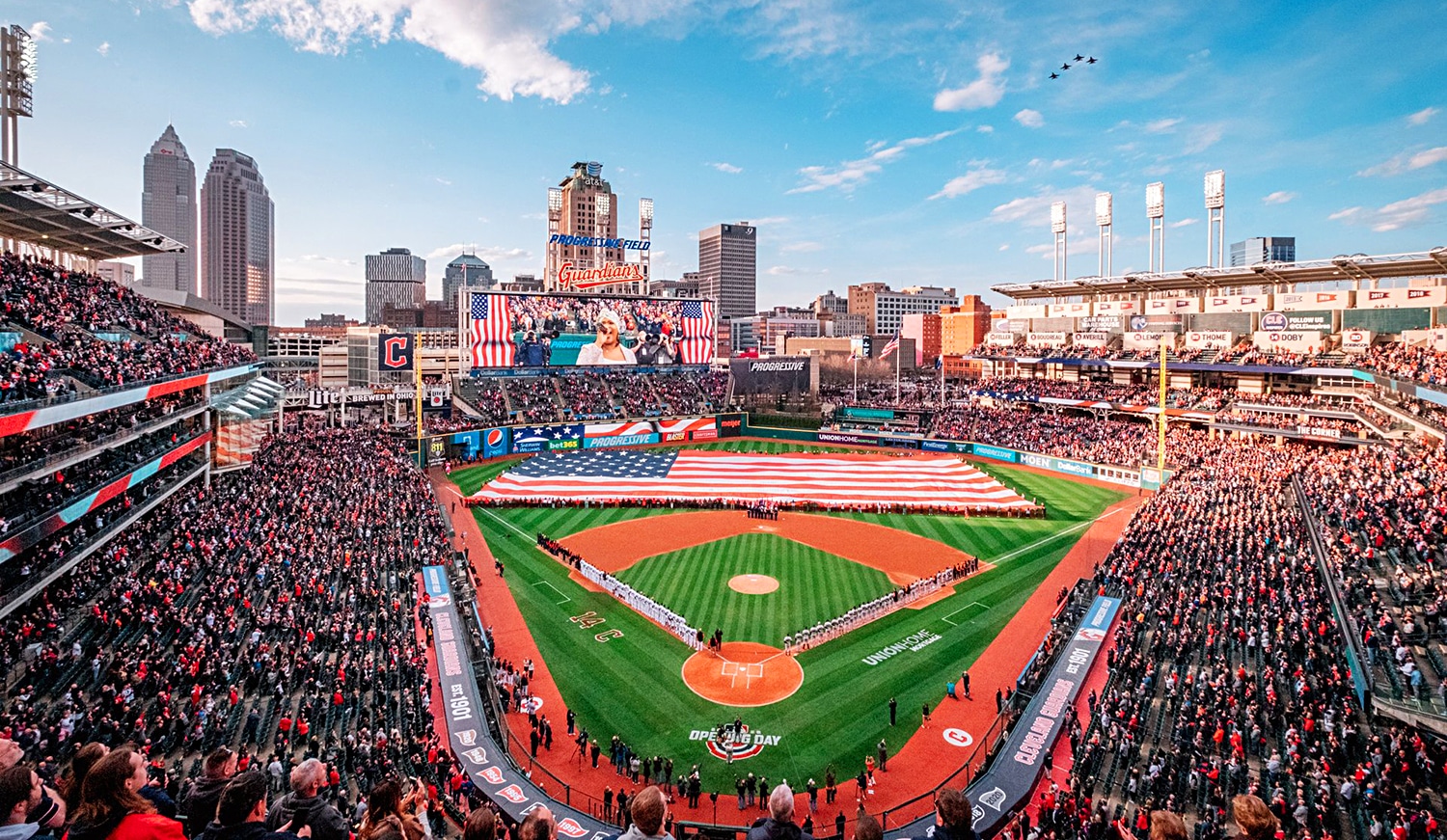horizontal image of Progressive Field, home to the Cleveland Guardians Baseball team