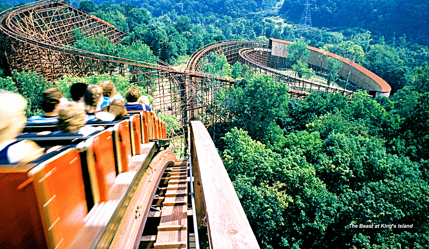 horizontal photo of The Beast Roller Coaster at King's Island with views of a wooded area in the background
