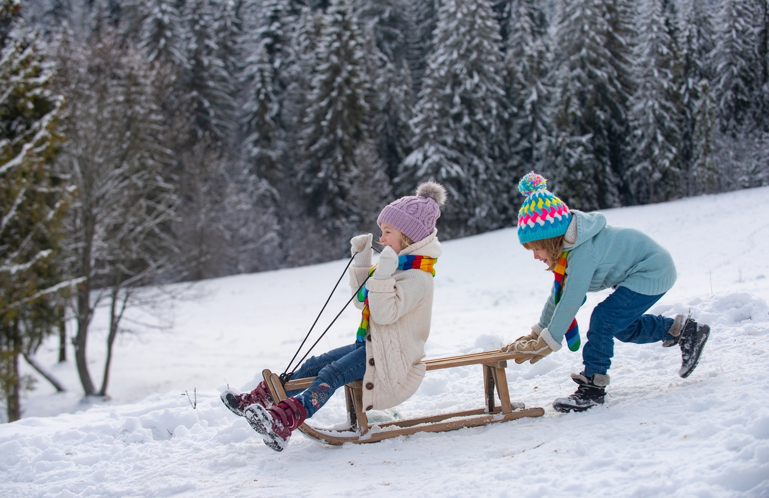 horizontal photo of two children playing on a sled on a sledding hill