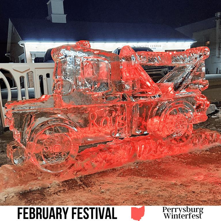 square image with a photo of an ice carving train. A white strip across the bottom has the text February Festival Perrysburg Winterfest