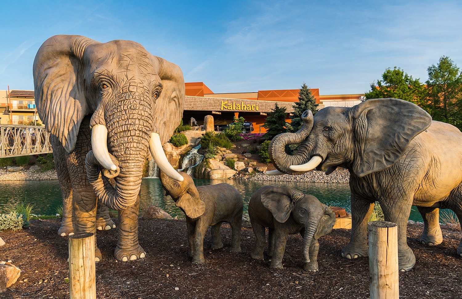 horizontal photo of models of 2 adult and 2 young elephants outside the Kalahari Resorts building