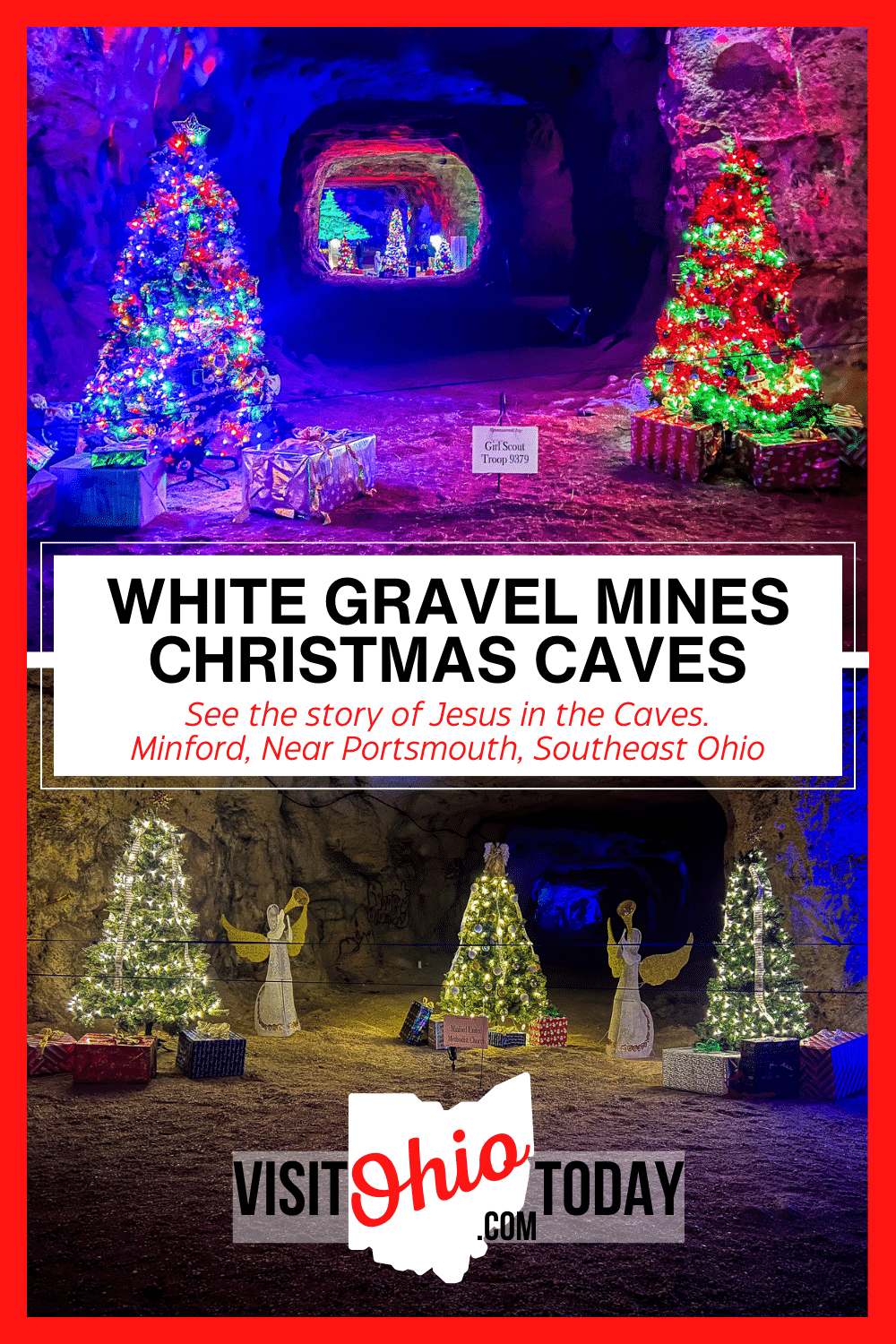 White Gravel Mines Christmas Caves feature a unique telling of the birth of Jesus in November and December each year. It is located in Minford, Ohio.