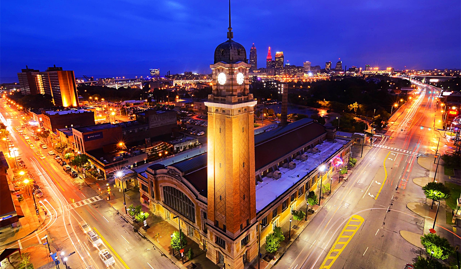 horizontal photo of an overhead shot of West Side Market, Cleveland at night