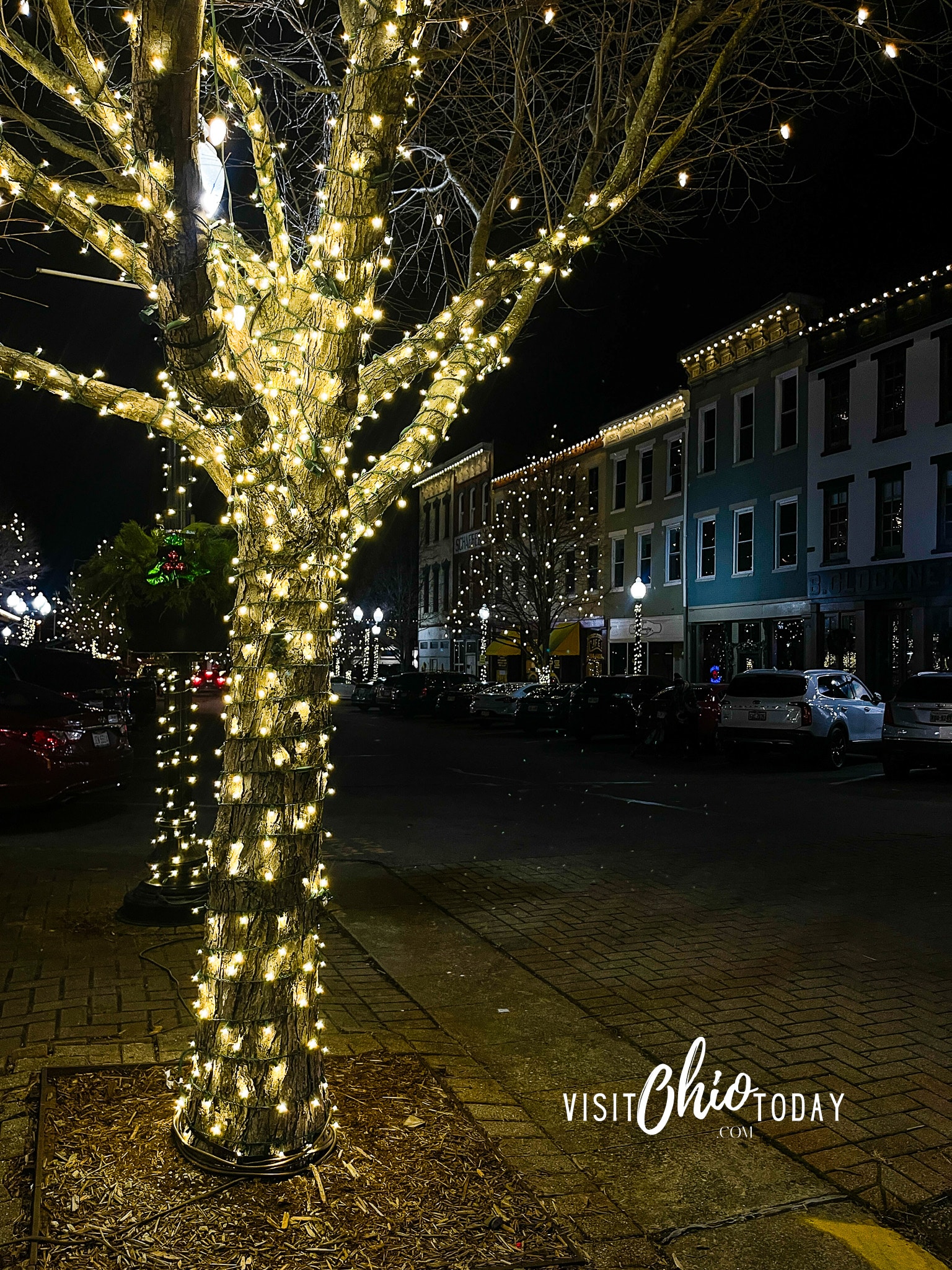 view at night of a small town stree that has store lights on and trees are decorated with christmas lights
