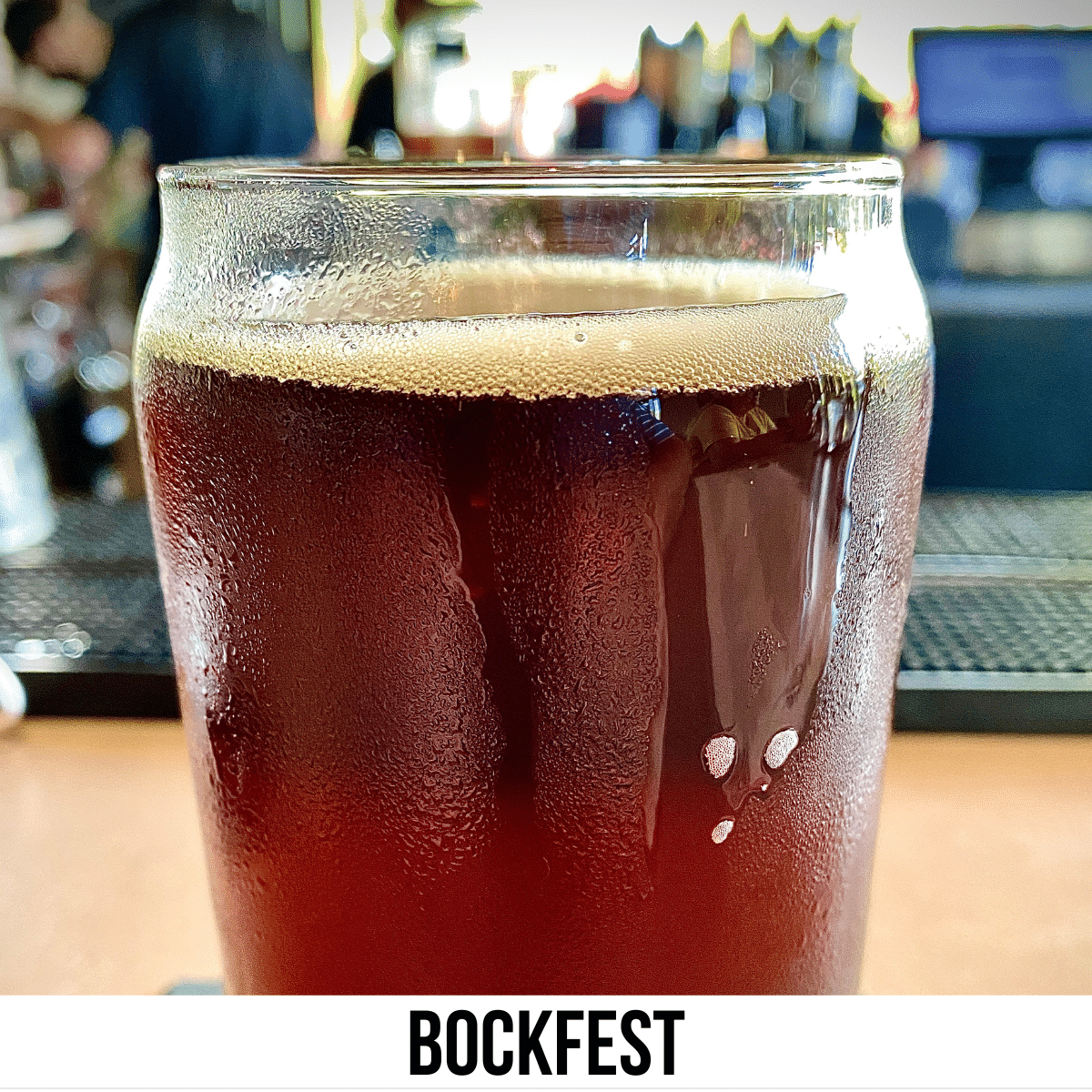 square image with a photo of a glass of dark beer. A white strip across the bottom has the text Bockfest