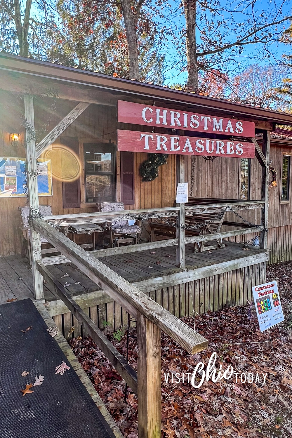 vertical photo of the outside of the Christmas Treasures store in Hocking Hills. Photo credit: Cindy Gordon of VisitOhioToday.com