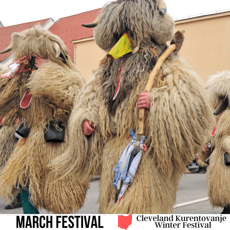 square image with a photo of characters from a Kurentovanje festival. A white strip across the bottom has the text March Festival. Cleveland Kurentovanje Winter Festival