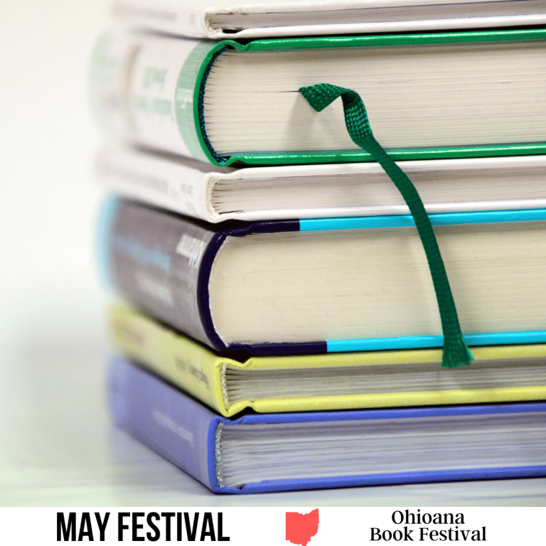 Square image with a photo of a pile of books. A white strip across the bottom has the text May Festival, Ohioana Book Festival