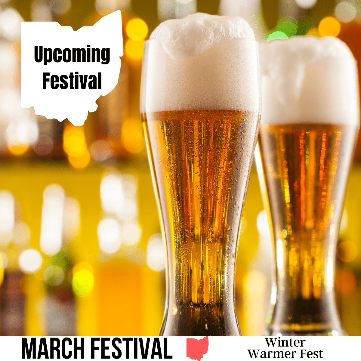 A square image of a photo of two beer mugs filled with beer, sitting next to each other. A white image of Ohio in the upper left corner has text Upcoming Festival. A white strip across the bottom has text March Festival Winter Warmer Fest.