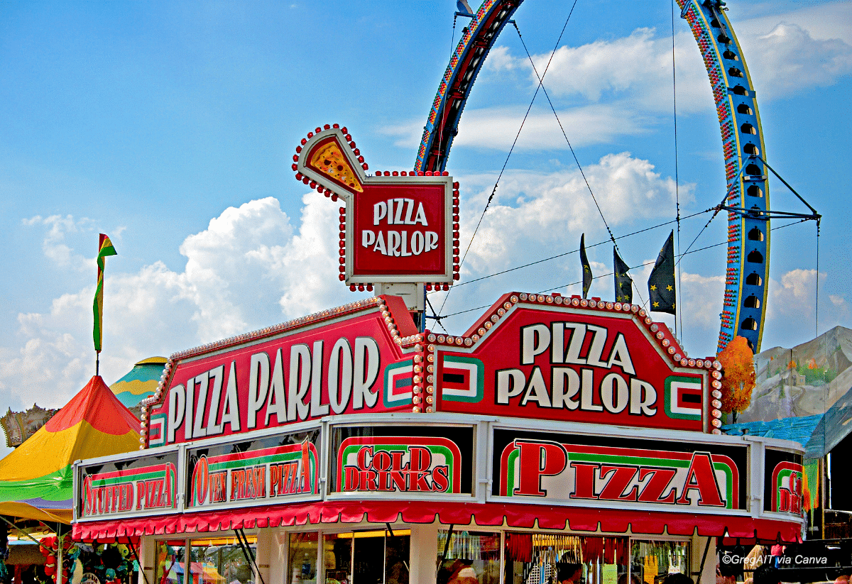 horizontal photo of a pizza parlor at a fairground