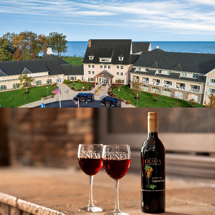 square image with a photo of the Lodge at Geneva on the Lake and a photo of a bottle of red wine with two glasses