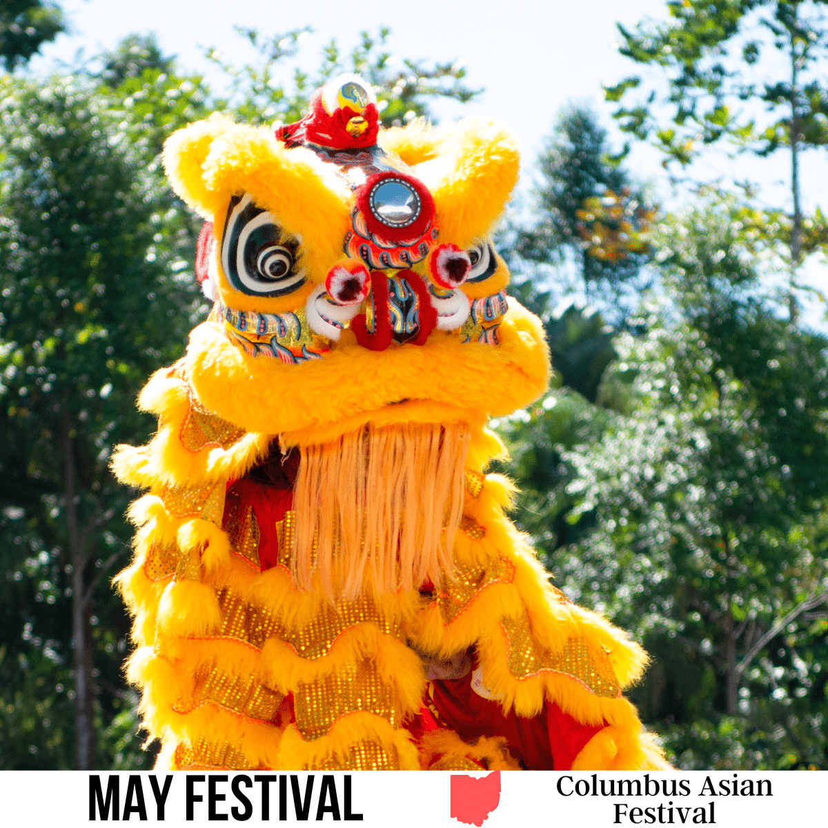 A square image of a photo of a yellow and red Asian dragon costume. A white strip across the bottom has text May Festival Columbus Asian Festival.