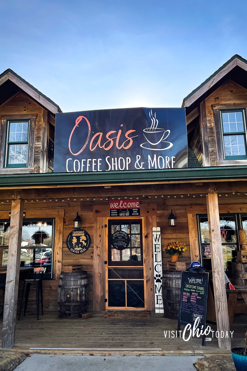 vertical photo of the outside of the Oasis Coffee Shop in Hocking Hills. Photo credit: Cindy Gordon of VisitOhioToday.com