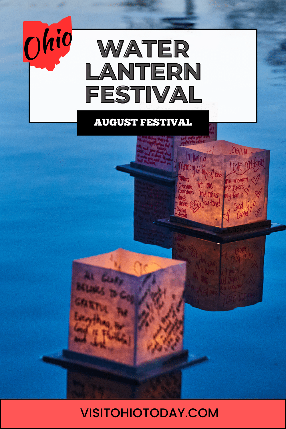 The Water Lantern Festival in mid-August in Columbus is a peaceful event celebrating life, featuring the release of paper lanterns onto the water.