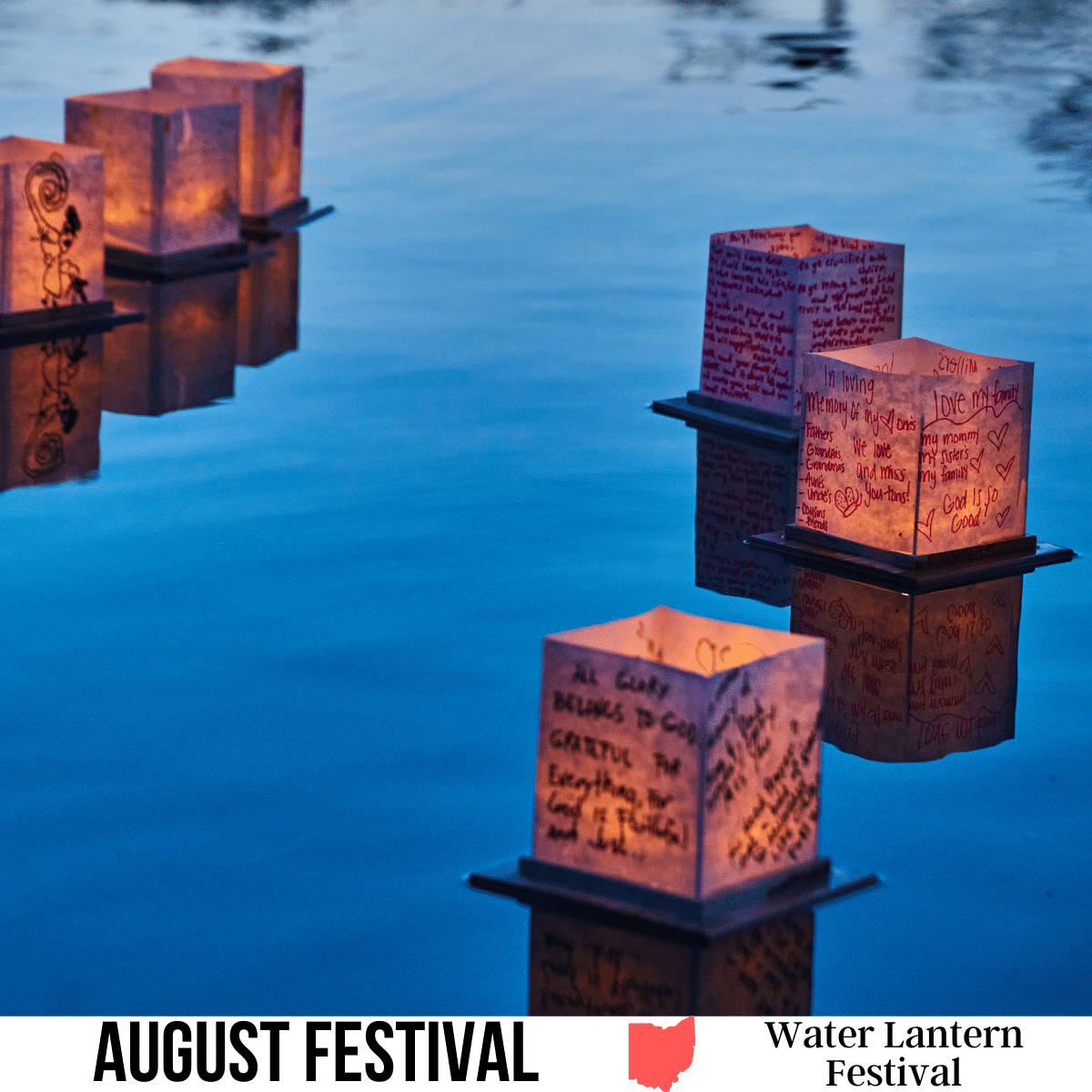 A square image of lit up water lanterns on the water. A white strip across the bottom has text August Festival Water Lantern Festival.