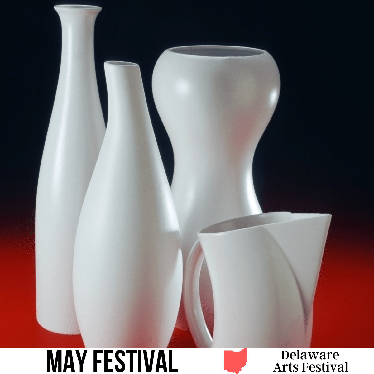 A square image of a photo of 3 white vases and a small white pitcher on a red and black background. A white strip across the bottom has the text May Festival Delaware Arts Festival