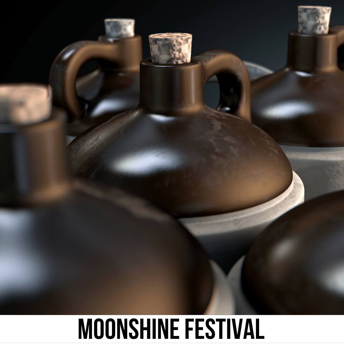 A square image of a photo of several brown jugs with corks. A white strip across the bottom has text Moonshine Festival