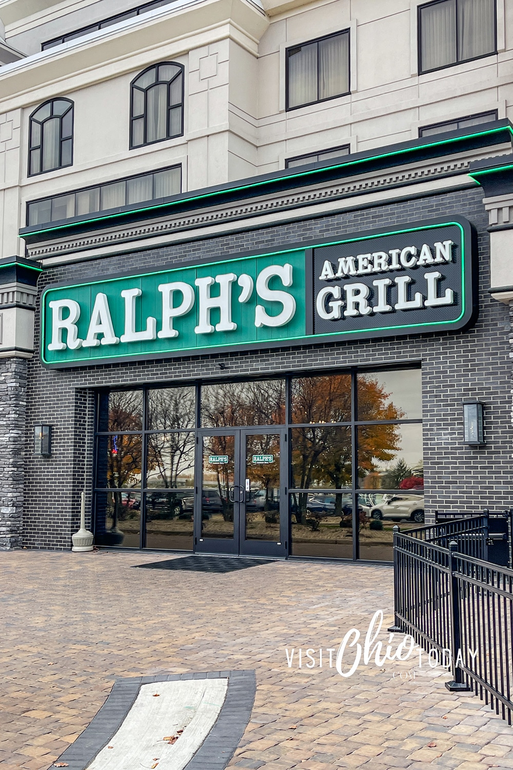 vertical photo of the outside front of Ralph's American Grill. Photo credit: Cindy Gordon of VisitOhioToday.com