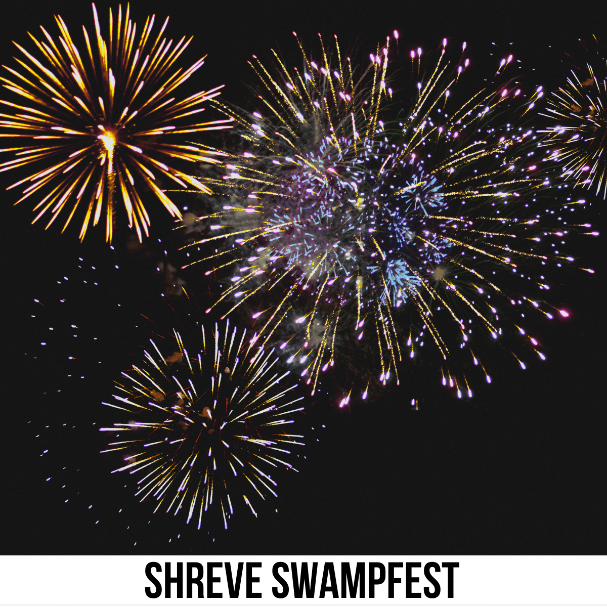 A square image of a photo of fireworks against a black sky background. A white strip across the bottom has text Shreve Swampfest.