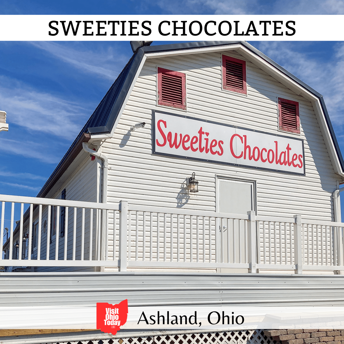 square image with a photo of the Sweeties Chocolates building from the road. A white strip across the top has the text Sweeties Chocolates and a white strip across the bottom has the text Ashland Ohio
