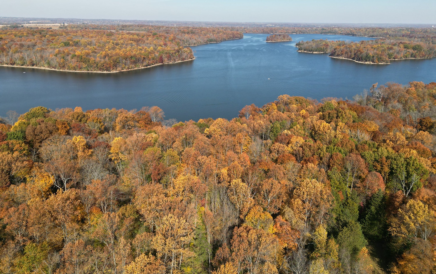 horizontal photo - an aerial shot of Caesar Creek State Park lake