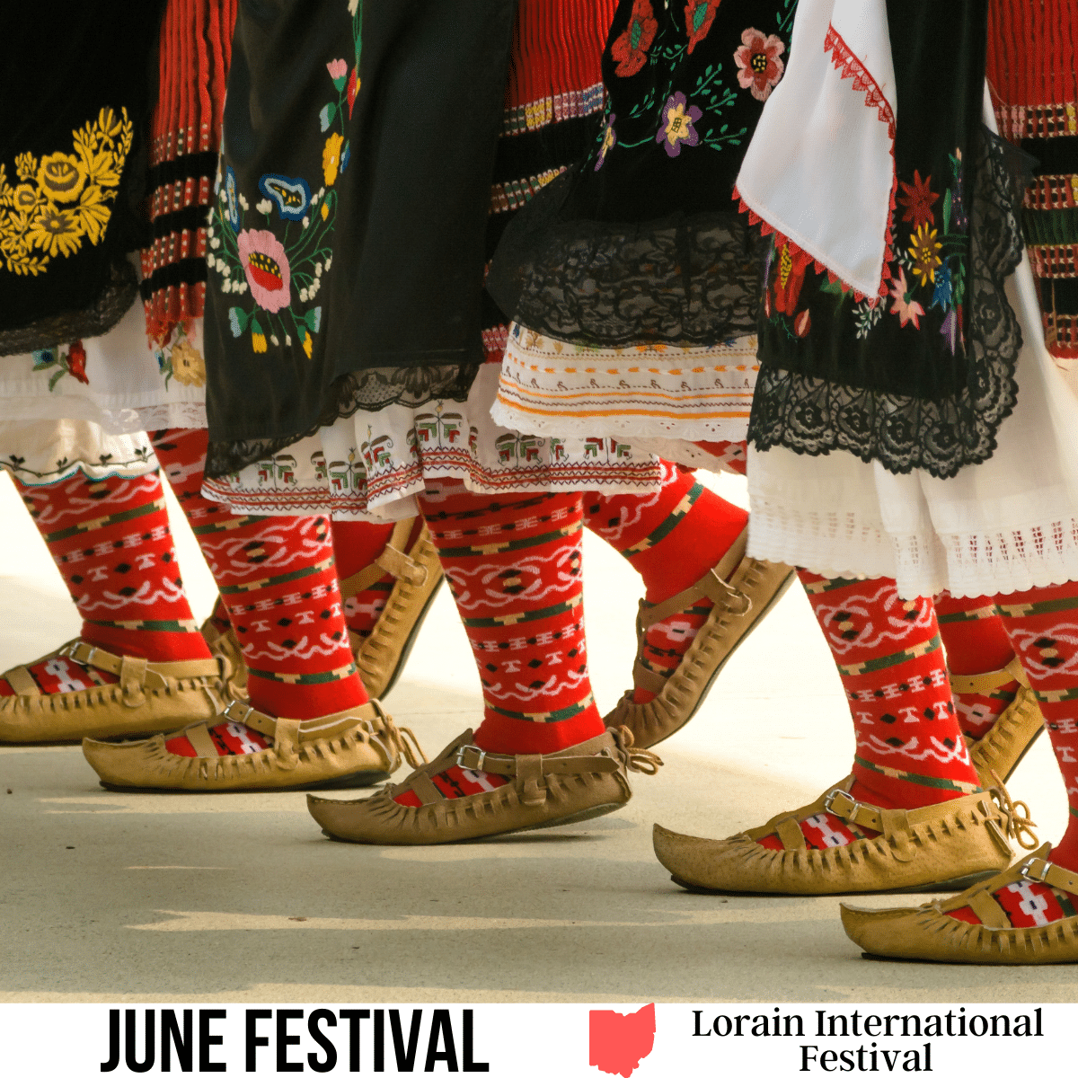 A square image of a photo of several people in tradition costume, dancing. A white strip across the bottom has text June Festival Lorain International Festival.