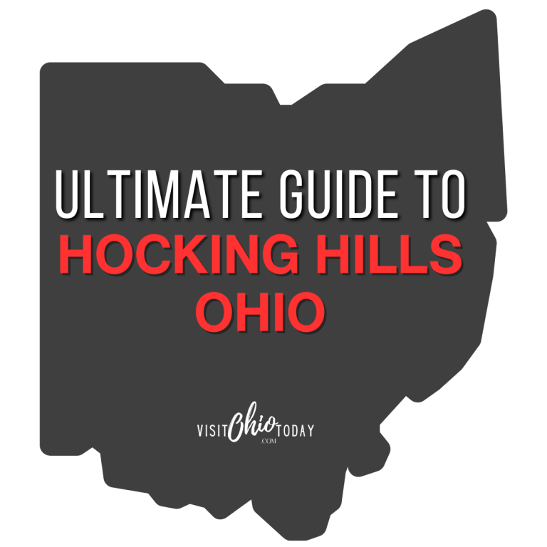 square image with a large gray map of Ohio containing the text Ultimate Guide to Hocking Hills Ohio