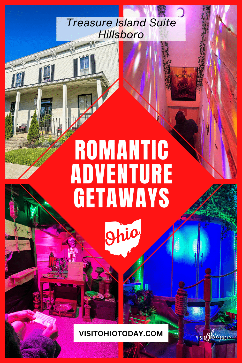 vertical image for Pinterest with four photos, one of the outside of the Hillsboro Romantic Adventure Getaways and three of the inside of the Treasure Island Suite. A red diamond shape in the center contains the text Romantic Adventure Getaways