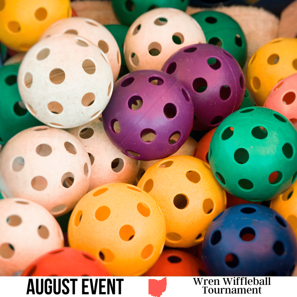 square image with a close up photo of colorful wiffleballs. A white strip at the bottom has the text August Event Wren Wiffleball Tournament