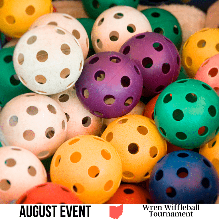 square image with a close up photo of colorful wiffleballs. A white strip at the bottom has the text August Event Wren Wiffleball Tournament