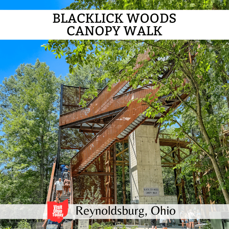 square image with a photo of the entrance and stairway to the canopy walk. A white strip across the top has the text Blacklick Woods Canopy Walk, and a white strip across the bottom has the text Reynoldsburg Ohio