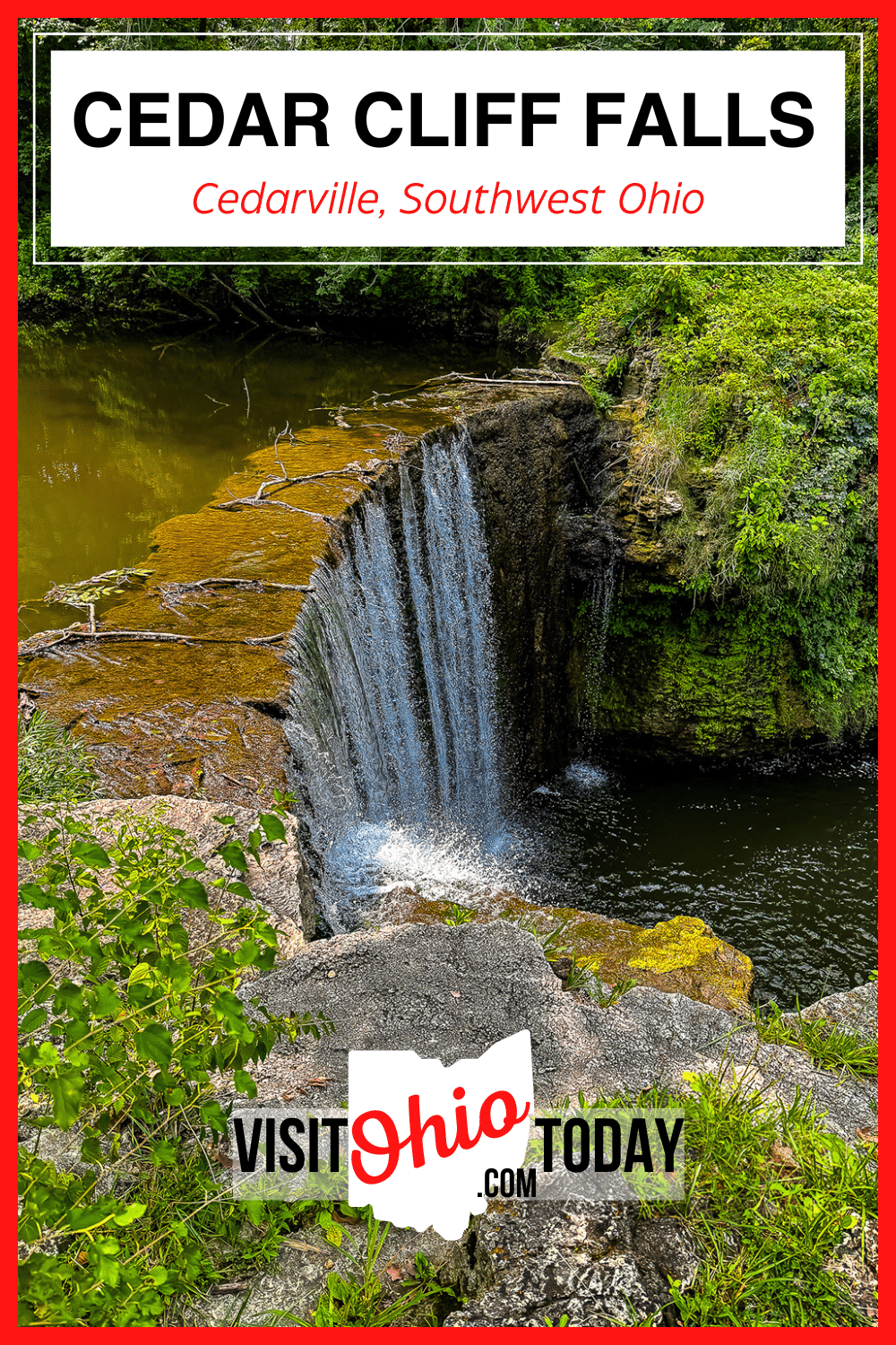 Cedar Cliff Falls is a manmade waterfall that gracefully falls into Massie Creek in the 166-acre Indian Mound Reserve in Cedarville, southwest Ohio.