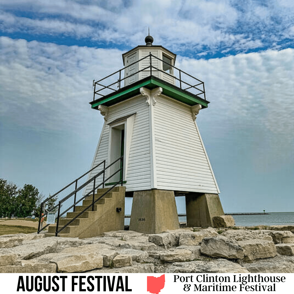 square image with a photo of the Port Clinton Lighthouse. A white strip across the bottom has the text August Festival Port Clinton Lighthouse and Maritime Festival