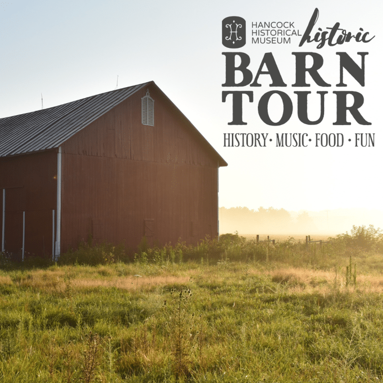 square image of a historic barn. Text in the top right corner is Hancock Historical Museum's Historic Barn Tour