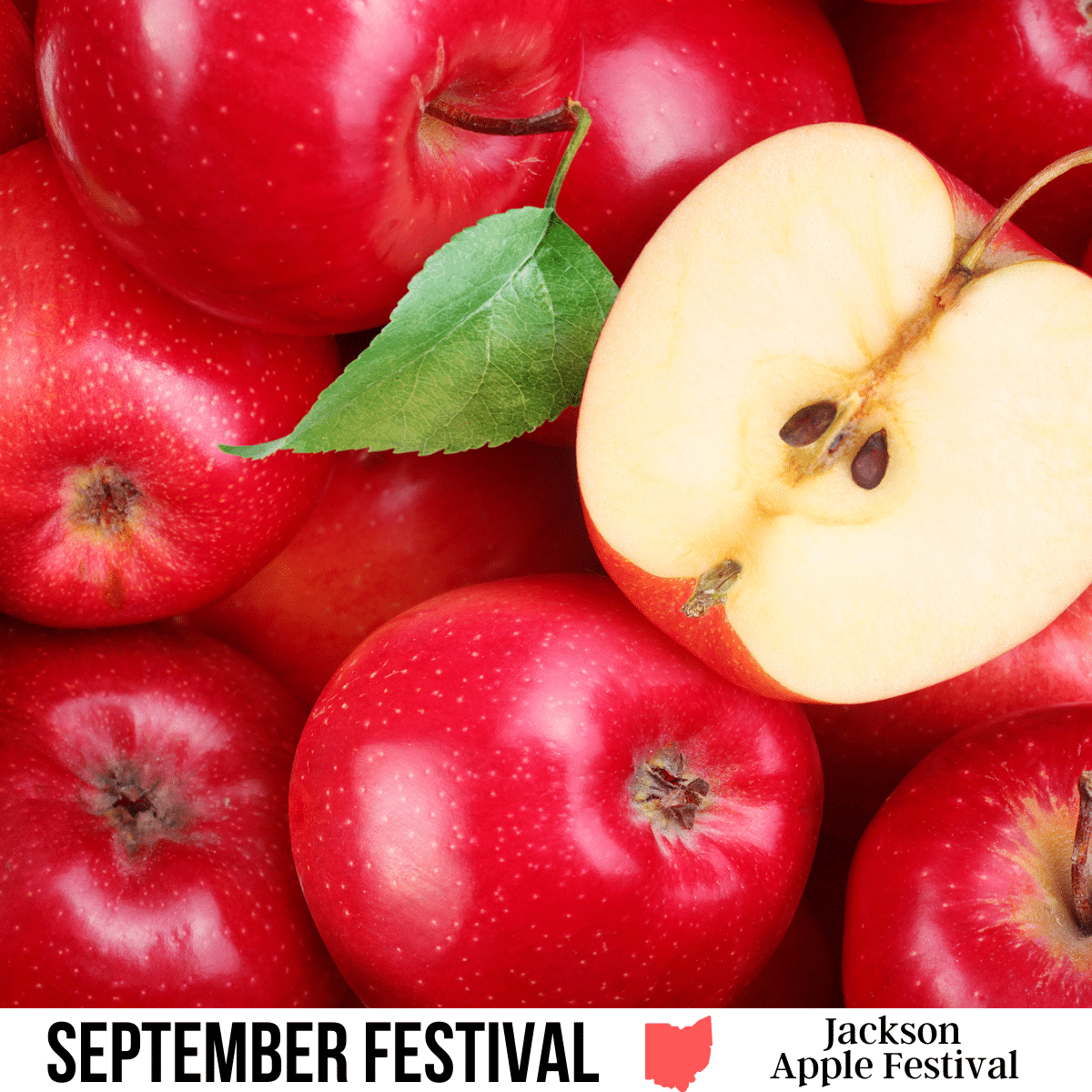 A square image of a photo of a bunch of red apples, with one being cut in half. A white strip across the bottom has text September Festival Jackson Apple Festival.