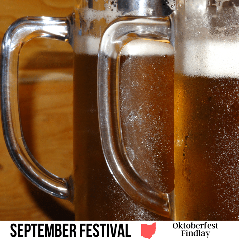 square image with a close up photo of two glasses full of beer. A white strip across the bottom has the text September Festival Oktoberfest Findlay