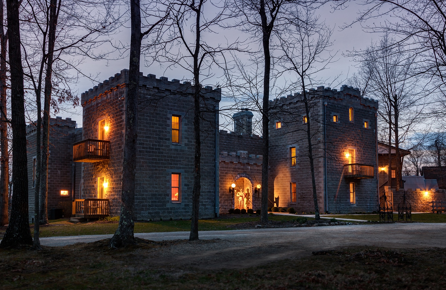 horizontal photo of night time at Ravenwood Castle