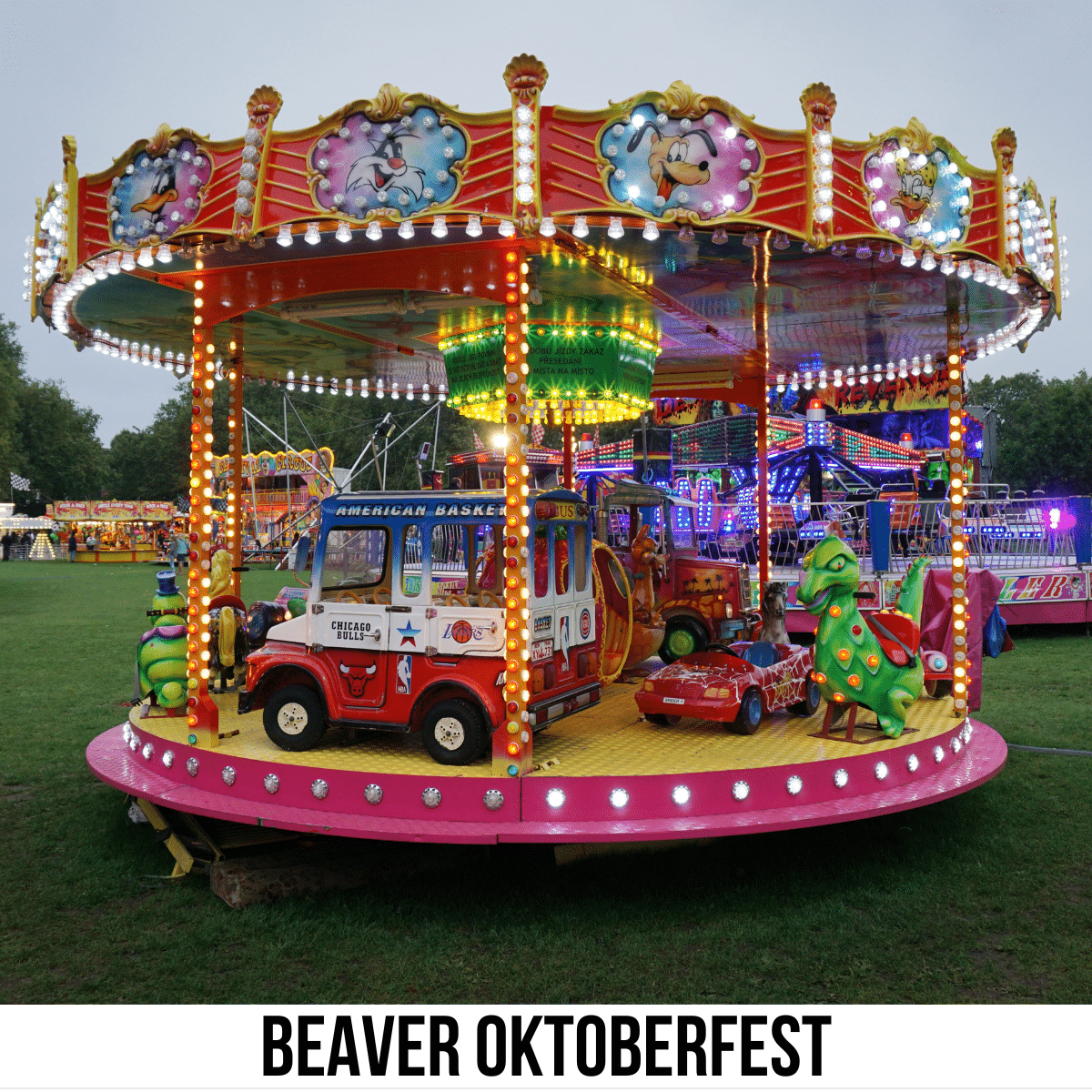 A square image of a photo of a small carousel for young children. A white strip across the bottom has text Beaver Oktoberfest. 