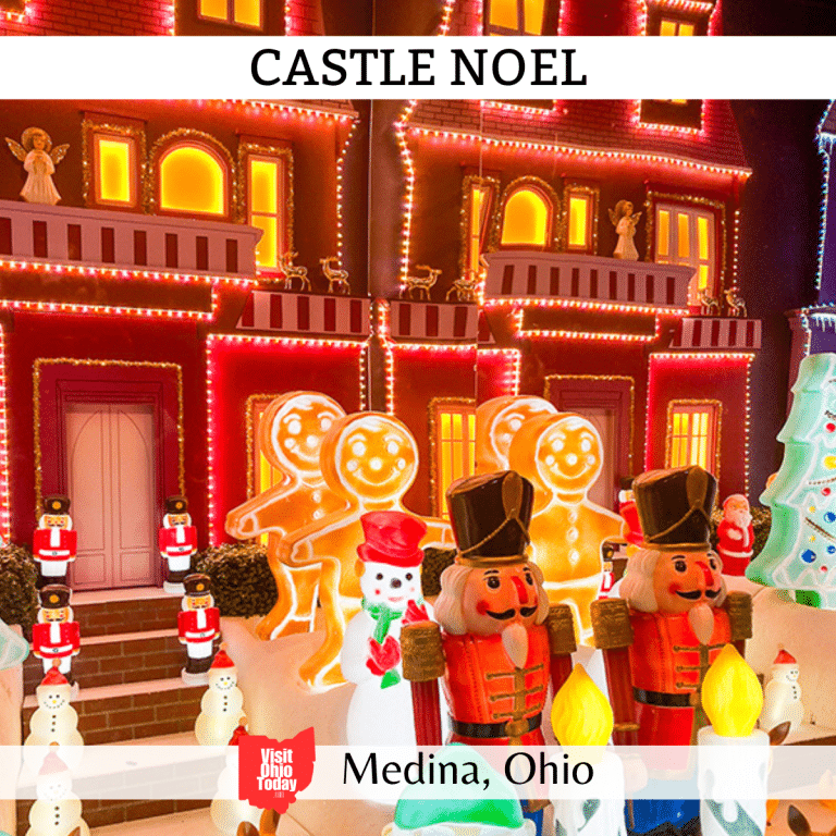 square image with a photo of a lit house with nutcrackers, gingerbread men and snowmen in front of it. A white strip across the top has the text Castle Noel, and a white strip across the bottom has the text Medina, Ohio