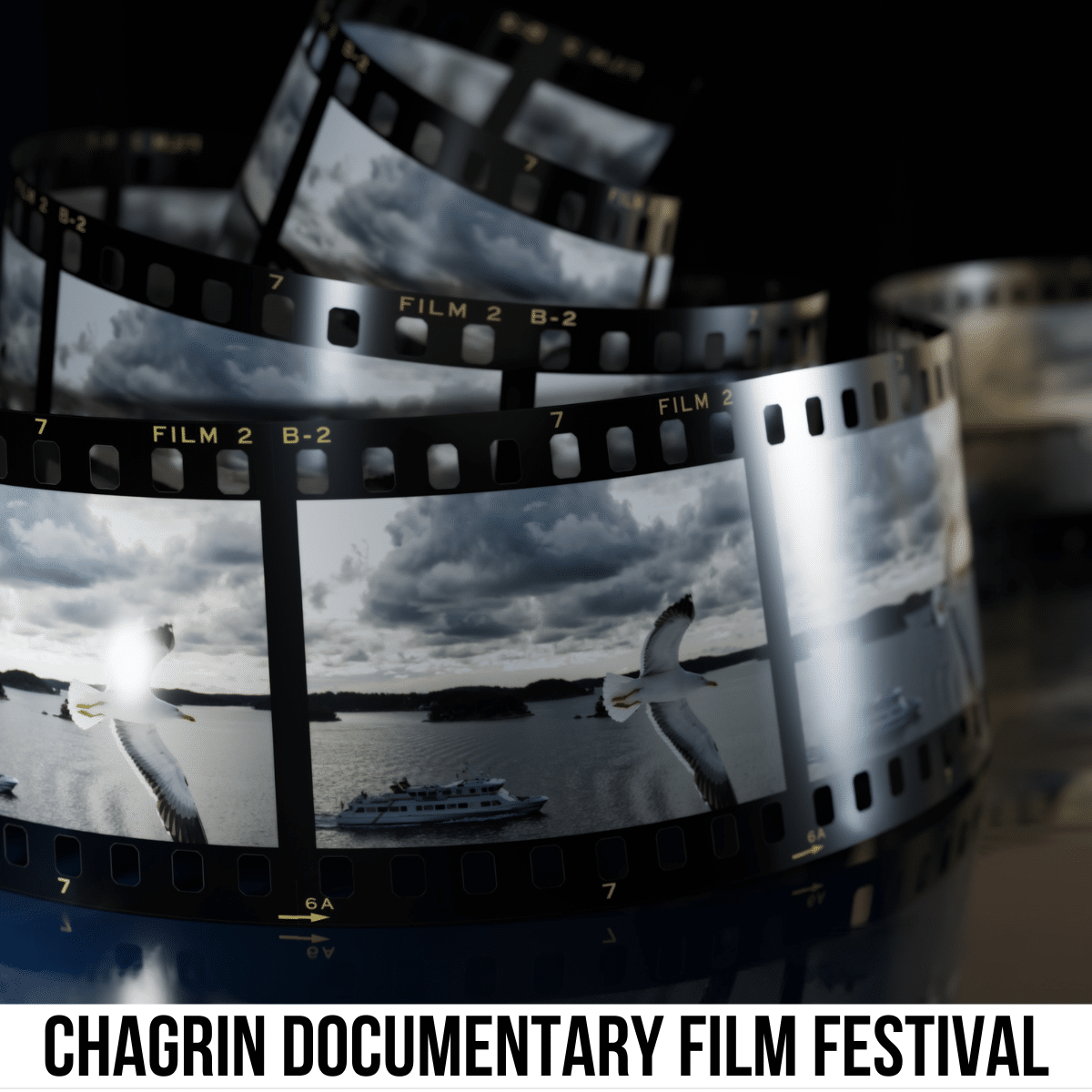 A square image of a photo of an unwound roll of film, in black and white. A white strip across the bottom has text Chagrin Documentary Film Festival. 