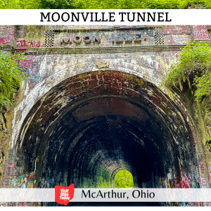 square image with a photo the tunnel, showing the trees all around the tunnel. A white strip across the top has the text Moonville Tunnel, and a white strip across the bottom has the text McArthur, Ohio