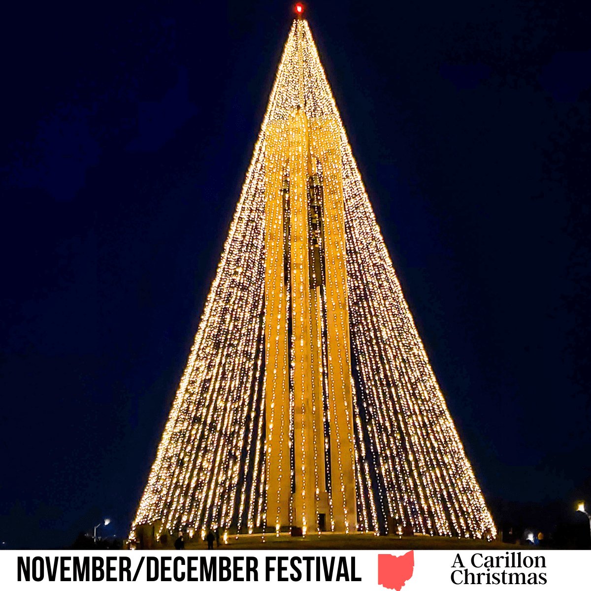 A square image of a photo of white lights forming a Christmas tree, against a black, nighttime sky. A white strip across the bottom has text November/December Festival A Carillon Christmas.