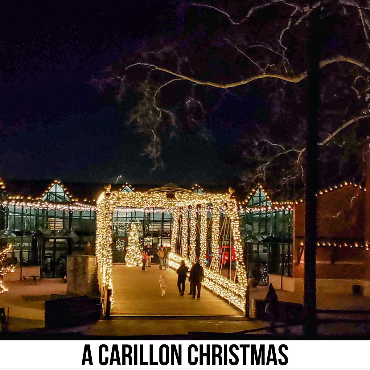 A square image of a photo of a building decorated with white Christmas lights and a bridge in front of it, also decorated with white lights. A lit up Christmas tree sits at the far end of the bridge. A few people are walking across the bridge. A white strip across the bottom has text A Carillon Christmas. 