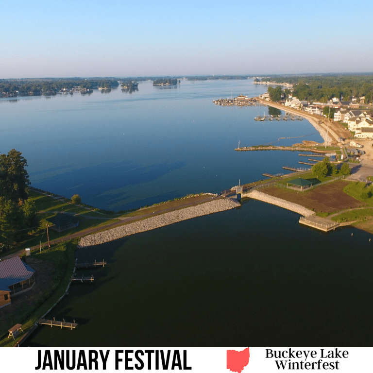 A square image of a photo of a large body of water and 2 areas of land connected by a road and a bridge. A white strip across the bottom has text January Festival Buckeye Lake Winterfest.